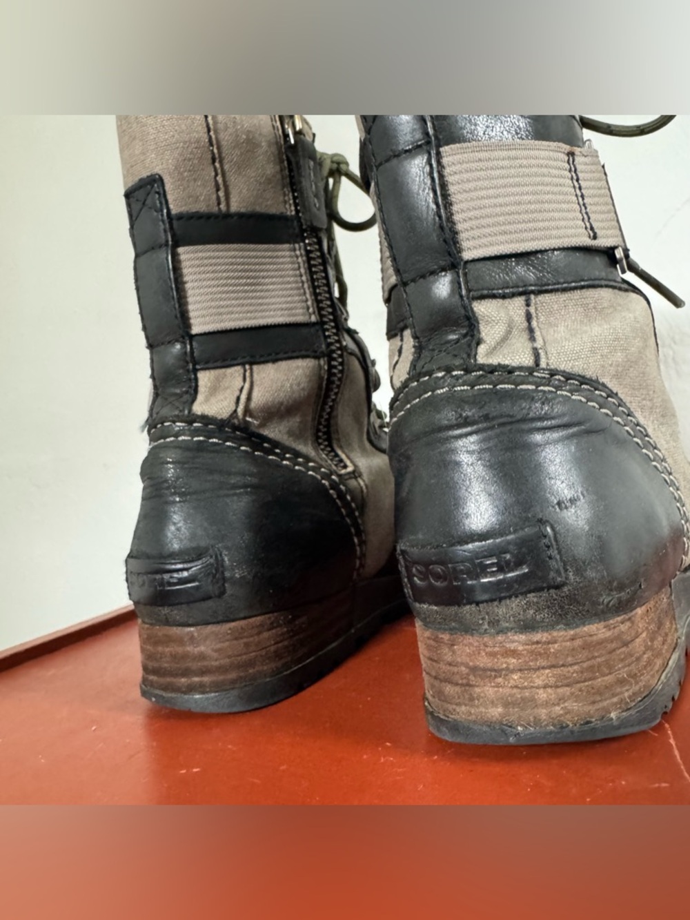 Sorel Major Carly Snow Combat Boots Leather Canvas Mid Calf Lace Up Sand Black - Picture 7 of 12
